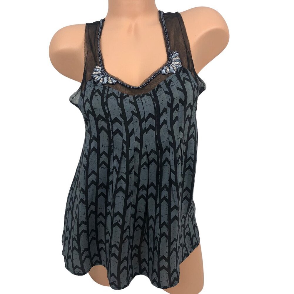 Silence + Noise‎ Beaded 100% Silk Chevron Print Tank Top Sleeveless M Boho